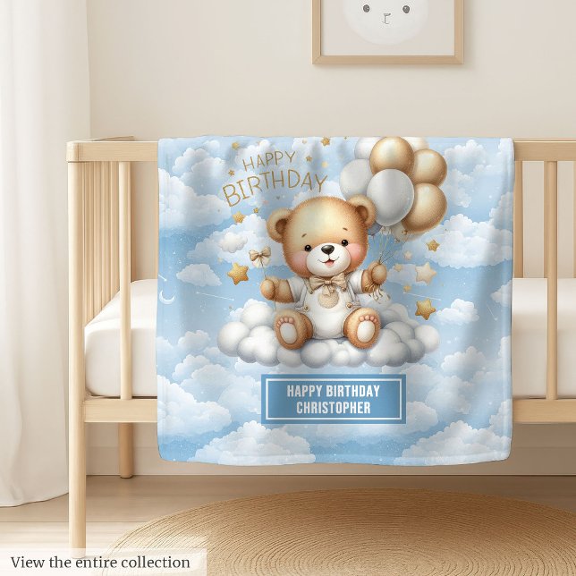 couverture de premier anniversaire personnalisée a (Personalized first birthday blanket with teddy art)