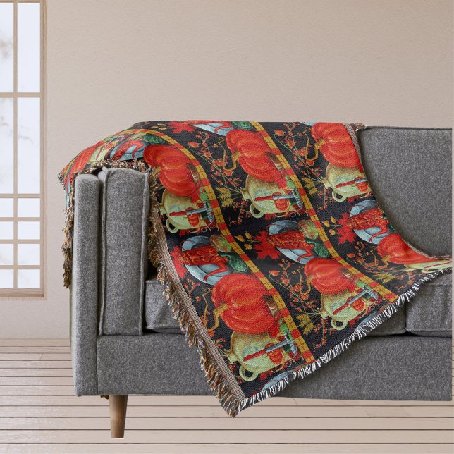 Couverture Décoration Citrouille Festive d'automne (Autumn Festive Antique Painting Pumpkin Decoration Throw Blanket)