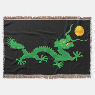 Couverture Dragon Vert avec Balle de Soleil Doré sur Fond Noi
