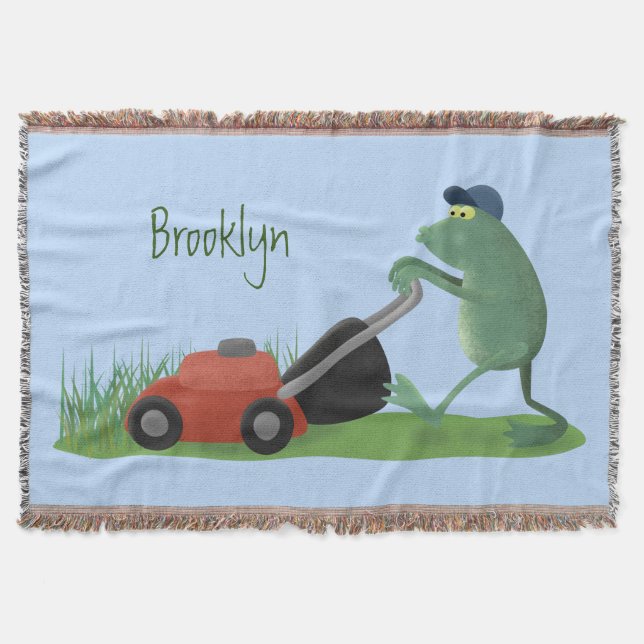 Couverture Drôle grenouille verte tondre la pelouse dessin (Devant)