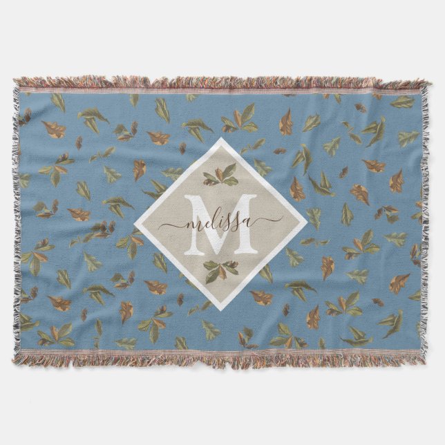 Couverture Dusty Blue Rustic Feuilles Brown Monogramme (Devant)