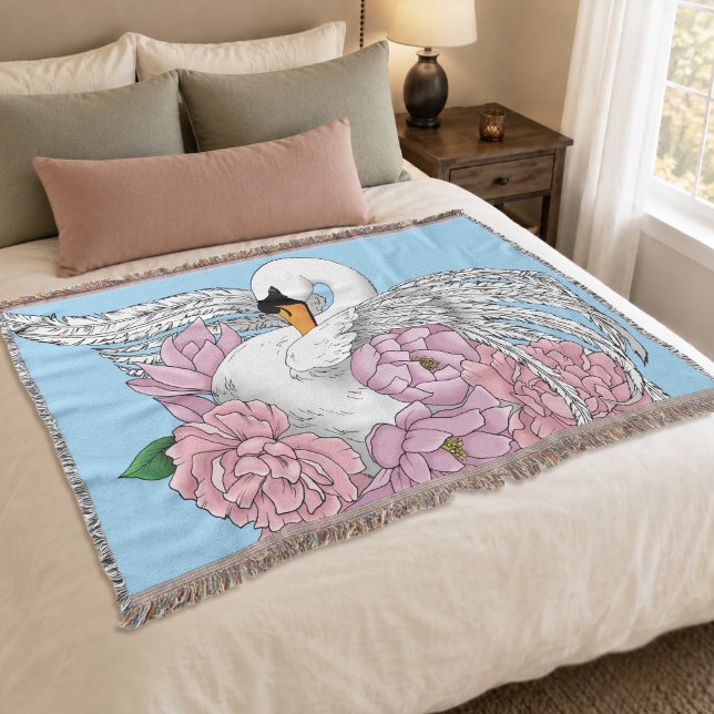 Couverture Élégant Cygne Romantique Bleu Pivoine Floral  (Créateur téléchargé)