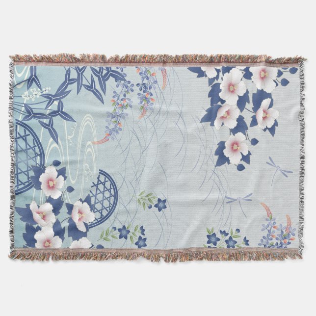Couverture Elégant Jardin Fleur Japonais Bleu Clair (Devant)