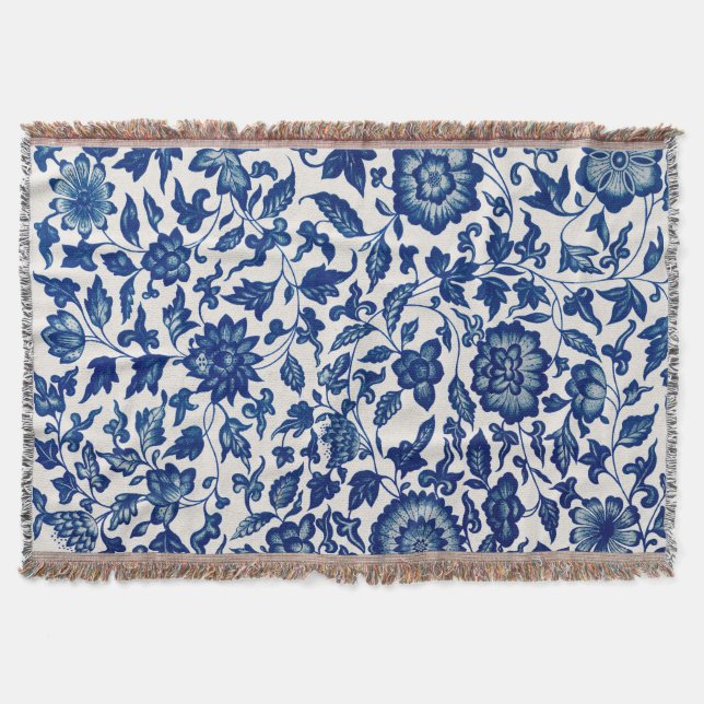 Couverture Élégant Motif Bleu Botanique - Lance Tissé Blanc (Devant)