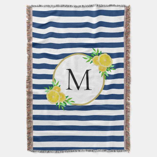 Couverture Elégante Bleu Blancs Citrons Italiens Monogramme (devant Vertical)