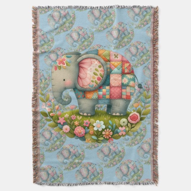 Couverture Élément de charme de pré floral éléphant patchwork (devant Vertical)