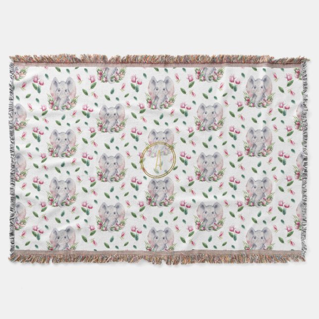 Couverture ÉLÉPHANT Floral Monogramme Girl rose chambre à cou (Devant)