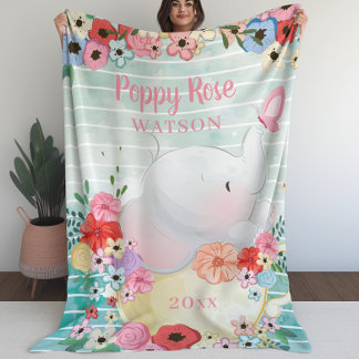 Couverture éléphante avec fleurs + Nom personnalis