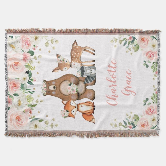 Couverture Fille Animaux Bois Décor Floral Blush (Devant)