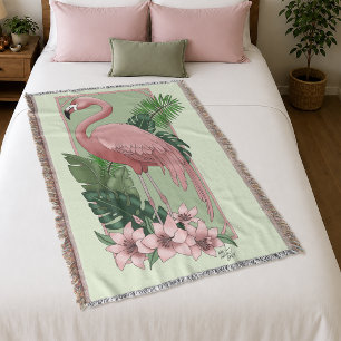 Couverture Flamant Rose Tropical Feuilles de Palmier Vert Lys