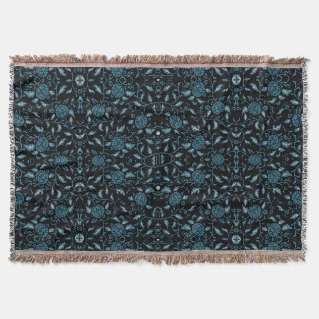 Couverture Fleur élégante Noir et Turquoise Damas (Devant)
