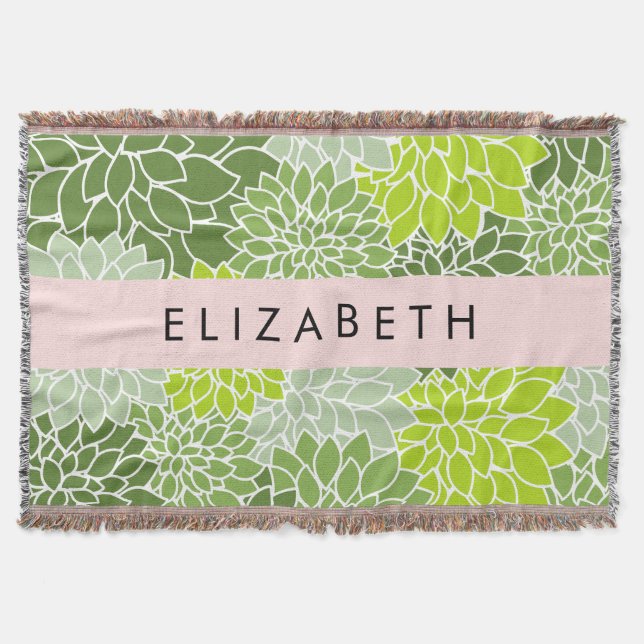 Couverture Fleurs Dahlia Vertes, Motif Floral, Votre Nom (Devant)