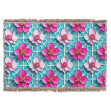 Fleurs roses sur fond bleu géométrique