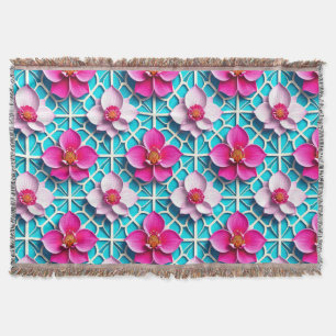 Couverture Fleurs roses sur fond bleu géométrique
