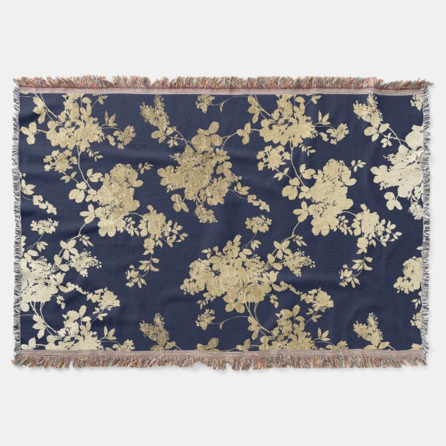 Couverture Floral chic vintage minable d'or de faux de bleu (Devant)