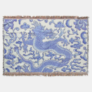 Couverture Floral de dragon oriental chinois bleu et blanc