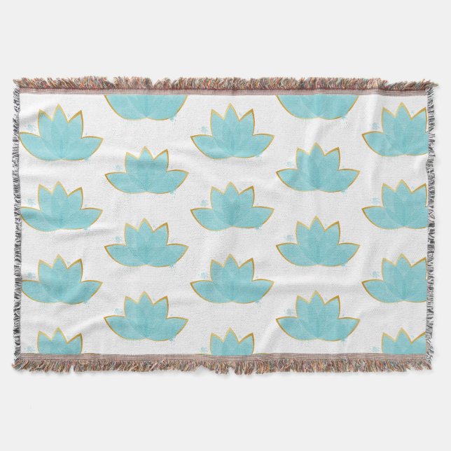 Couverture Floral Lotus Aquarelle Mer Bleu & Faux Or (Devant)