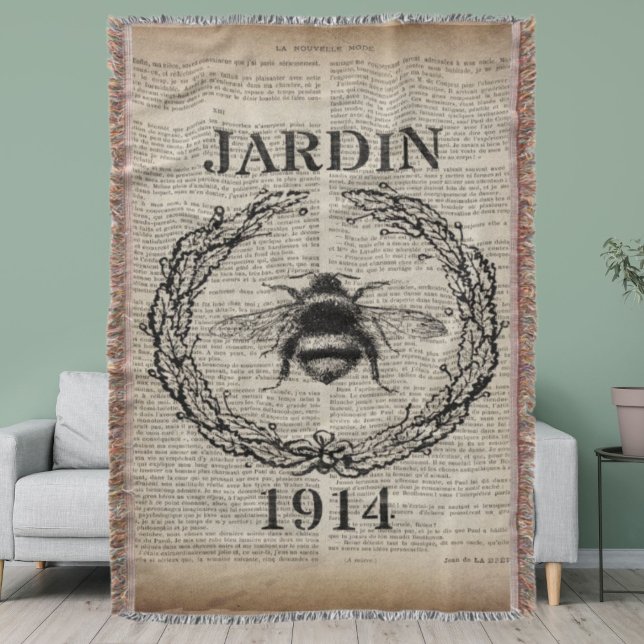 Couverture francais botanique moderne abeille vintage (french country botanical modern vintage bee throw blanket)