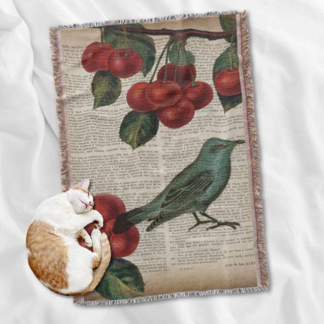 Couverture frentry bird retro botanical red cherry (french country bird retro botanical red cherry throw blanket)
