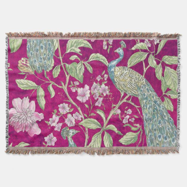 Couverture Fuchsia Chinoiserie paon floral (Devant)