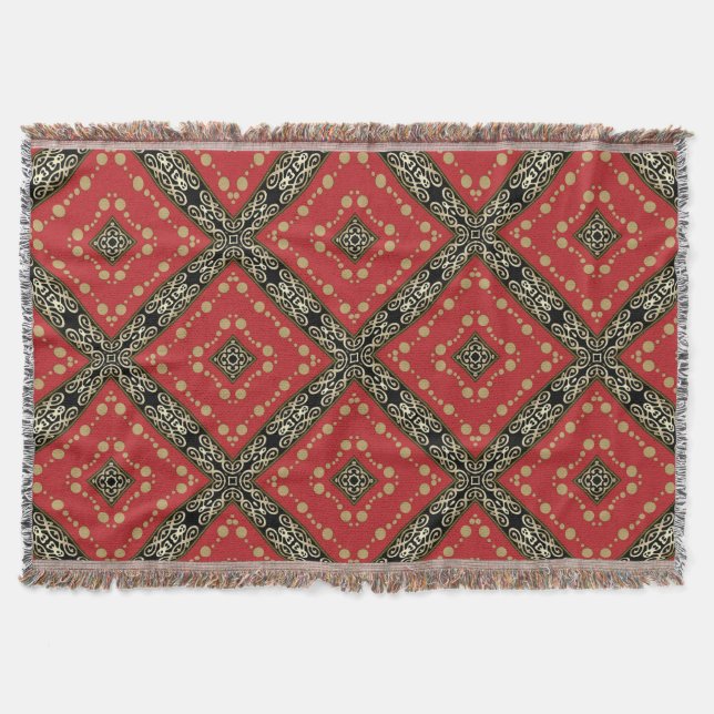 Couverture Funky Ornate Noir + Rouge Tissé Lancer Blanket (Devant)