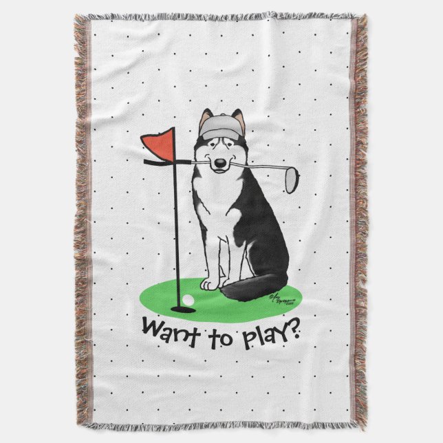 Couverture Golf Sibérien Husky (noir) Chien Jouant Mal Drôle (devant Vertical)