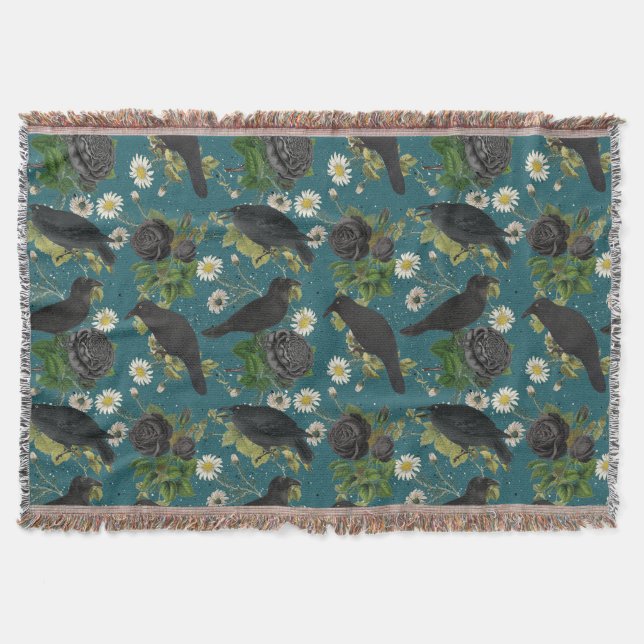 Couverture Goth Crows et Roses noirs Profond Turquoise Motif (Devant)