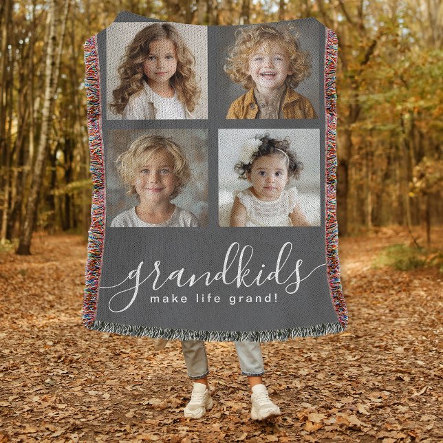 Couverture Grandkids Make Life Grand Photo Collage Gris (A great gift idea for Grandparents, personalize with any 4 photos.)