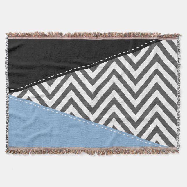 Couverture Gris Zigzag, Gris Chevron, Motif Zigzag, Bleu (Devant)
