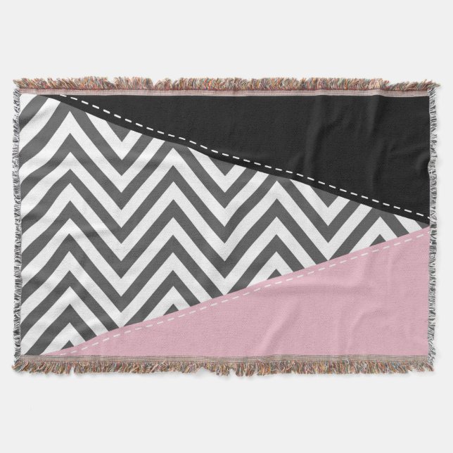 Couverture Gris Zigzag, Gris Chevron, Motif Zigzag, Rose (Devant)