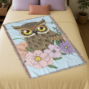 Couverture Hibou Fleurs Printemps Pastel Vintage Fantaisiste