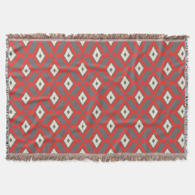 Couverture Ikat Motif - Rouge, gris et beige (Devant)