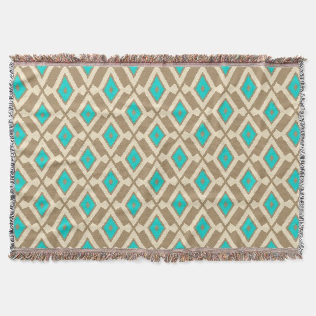 Couverture Ikat Motif - Turquoise, Taupe et Beige (Devant)