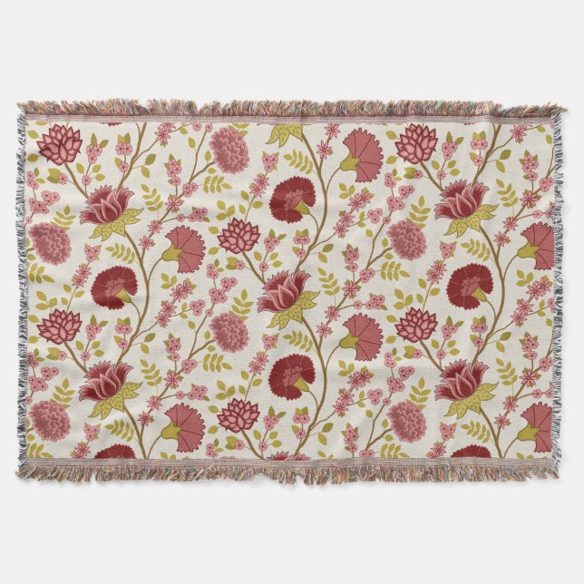 Couverture Jacobean Floral Grand Motif Reds Pinks Gold Creme (Devant)