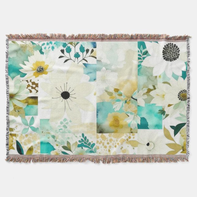 Couverture Joli Art folklorique Fleurs blanches et turquoise (Devant)