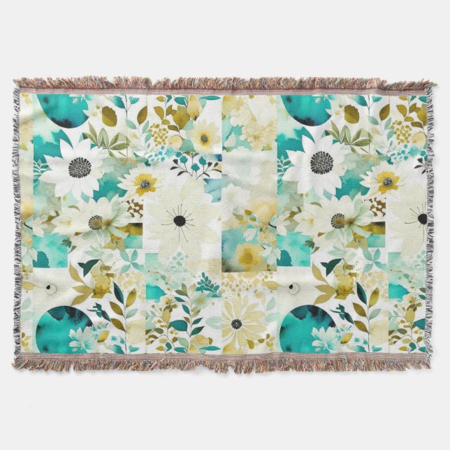 Couverture Joli Art folklorique Fleurs blanches et turquoise (Devant)