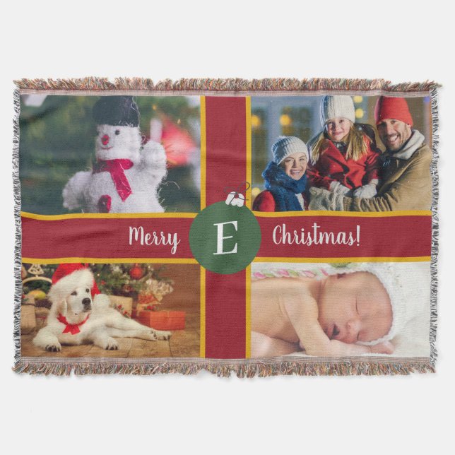 Couverture Joyeux Noël Famille Photo Rouge Vert Monogramme (Devant)