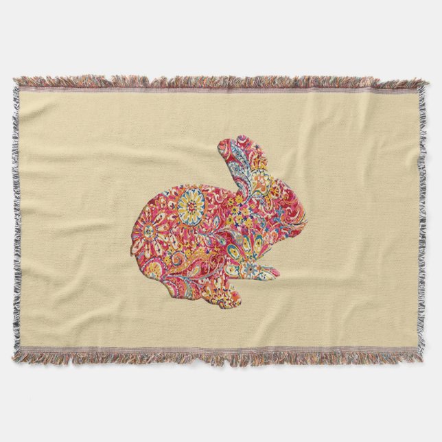 Couverture Lapin Floral Coloré Silhouette Jetée Blanche (Devant)