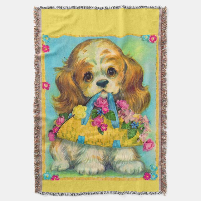 Couverture mignon chiot tenant panier de fleurs (devant Vertical)