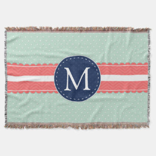 Couverture Mint Polka Point Motif Coral Navy Blue Monogramme