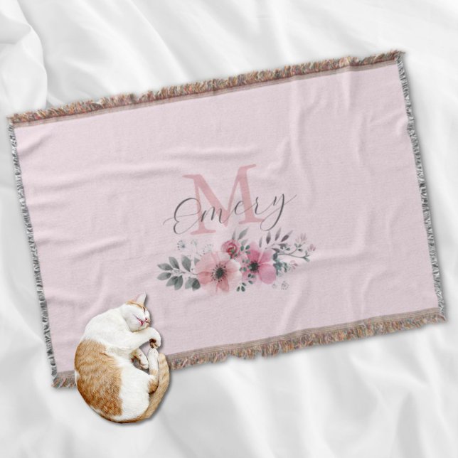 Couverture monogramme floral botanique chic rose (Botanical chic pink watercolor floral monogram throw blanket)