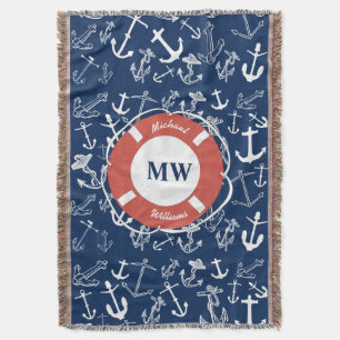Couverture Monogramme nautique Ancre bleu marine Motif