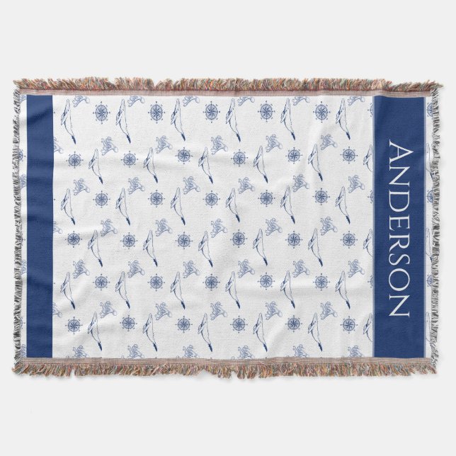 Couverture Monogramme nautique Baleines et poulpe marine Blan (Devant)