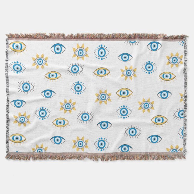 Couverture Motif bleu, or et blanc de l'oeil grec Mati (Devant)