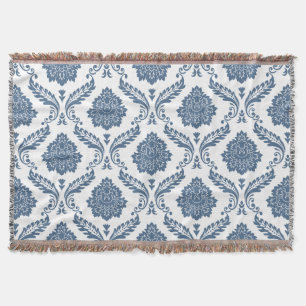 Couverture Motif Damassé Rococo Bleu sur Fond Blanc