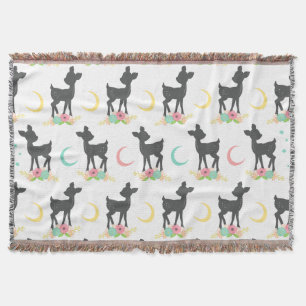 Couverture Motif de cerfs, Cerf de bébé, Boho, Fleurs, Lune