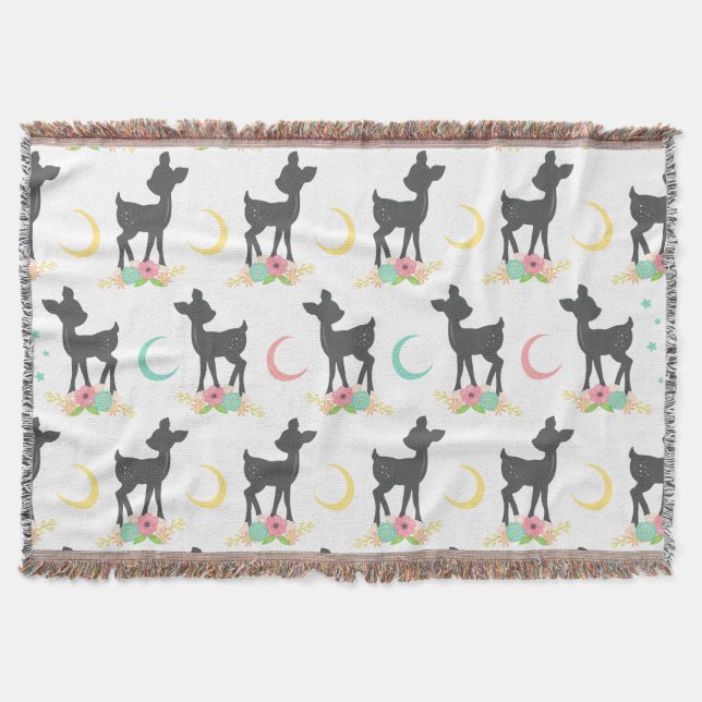 Couverture Motif de cerfs, Cerf de bébé, Boho, Fleurs, Lune (Devant)