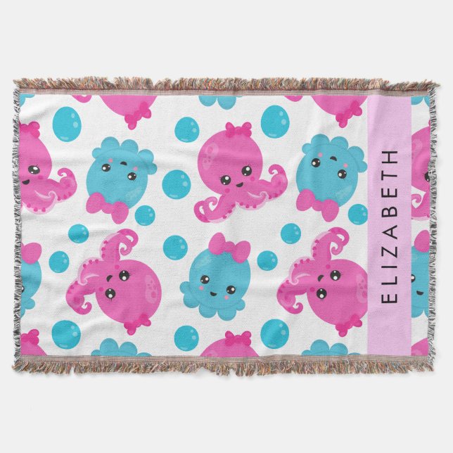 Couverture Motif de pieuvre, Pieuvre mignonne, Mer, Votre Nom (Devant)