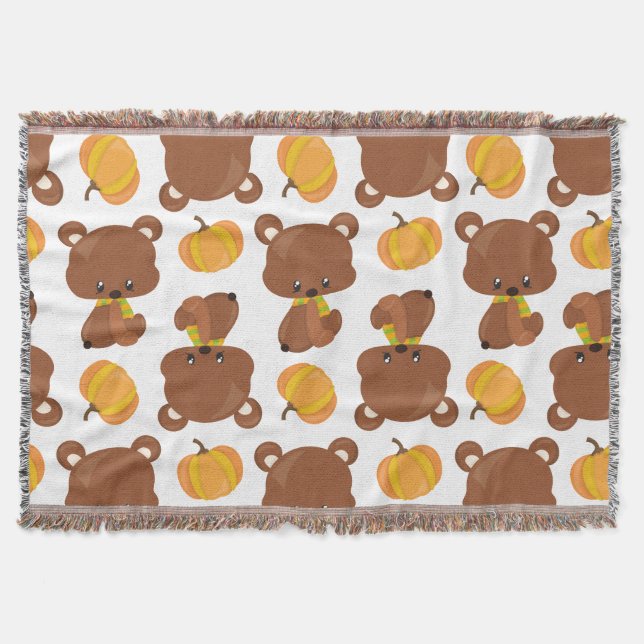 Couverture Motif D'Ours, Ours Mignons, Automne, Citrouille (Devant)