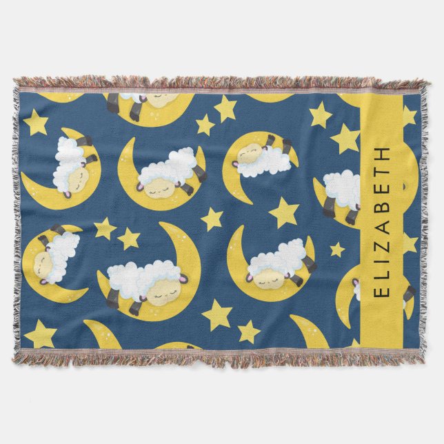 Couverture Motif mouton, Mouton dormant, Lune, Votre Nom (Devant)